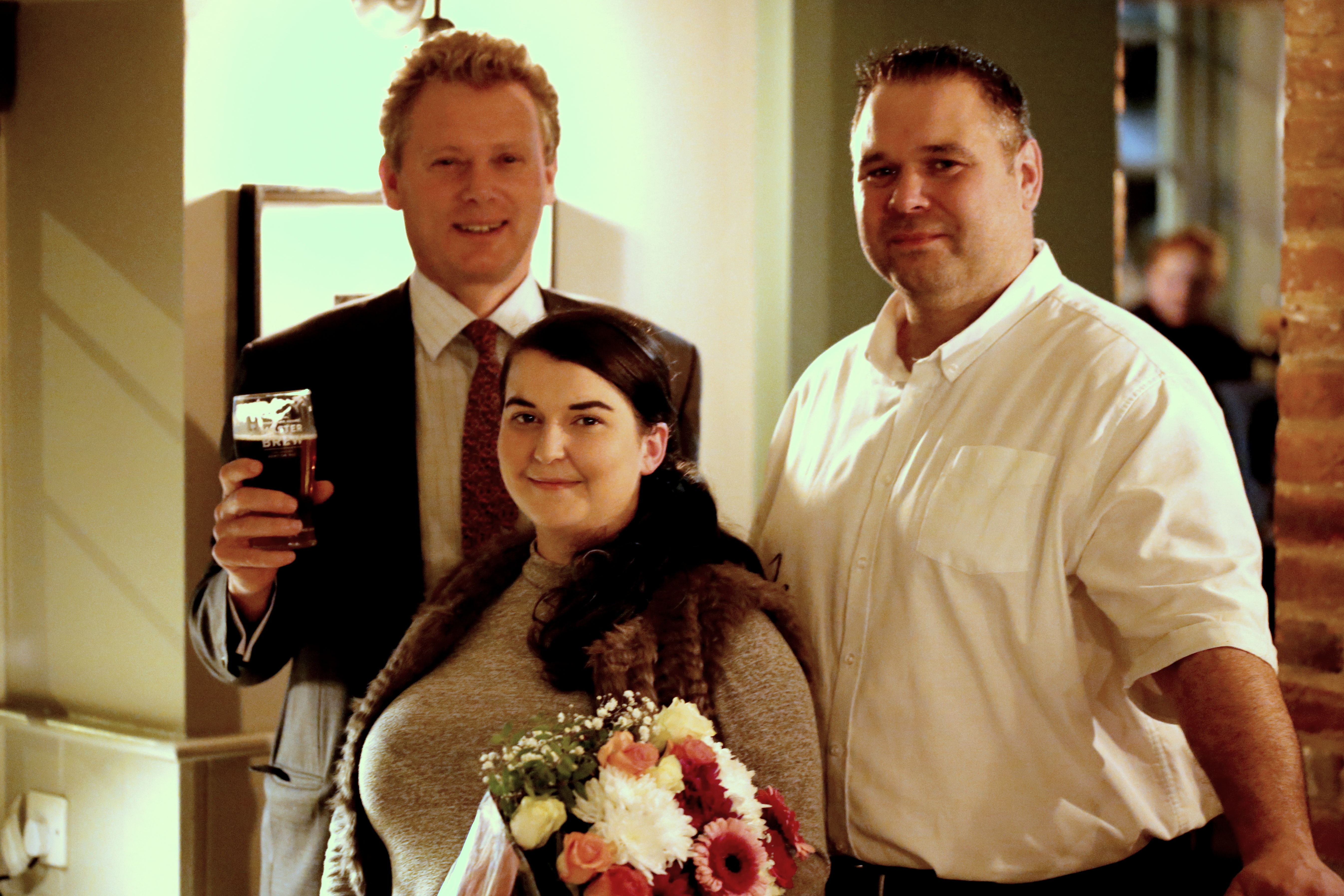 Stuart and Kelly George, licensees at The Dover Castle, with Jonathan Neame at the pub's reopening