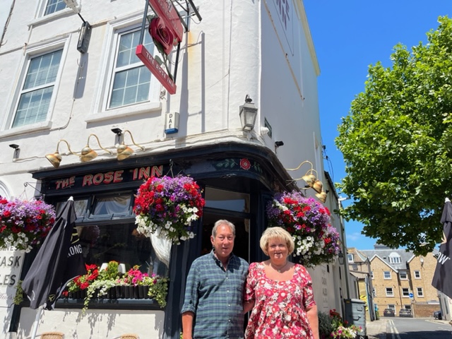 Licensee Karen Hazell and her partner Barry outside the Rose Inn