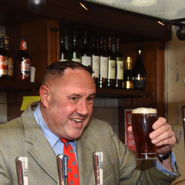 Keith Brymer Jones with the first pint at the refurbished East Kent, Whitstable